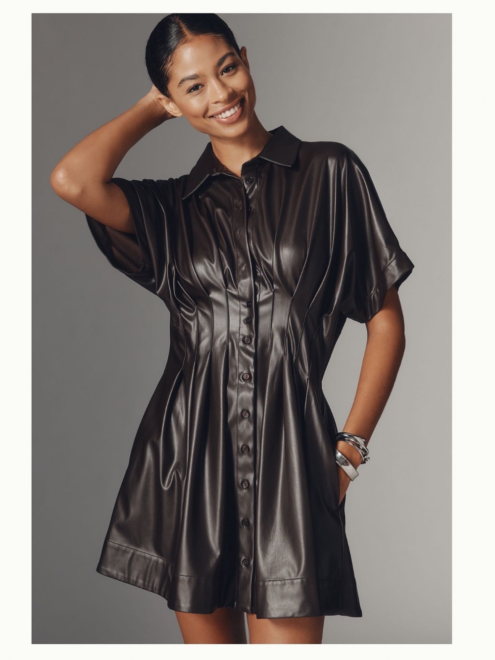 NWT Anthro  Tobie Faux Leather Mini Shirtdress by Exquise in Chocolate, M